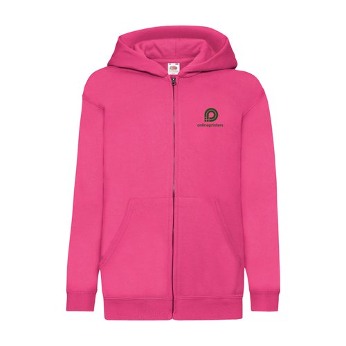Fuchsiafarvet sweatshirtjakke til børn i bomuldsblanding med hætte og lynlås.