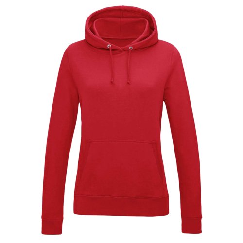 Rd bomulds-polyester damehttetrje med htte og kngurulomme.