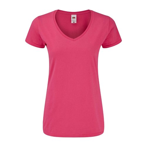 Fuchsia bomulds T-shirt med V-hals til damer.