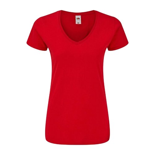 Rd bomulds T-shirt med V-hals og korte rmer til damer.