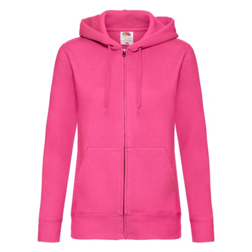 Pink damehttejakke i bomuldsblanding med fuld lynls og kngurulomme.