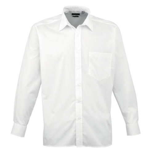 Hvid poplinskjorte af polyester og bomuld med lange rmer.
