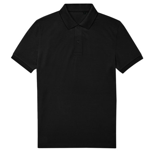 Sort poloshirt i genanvendt polyester og bomuld med kort knapliste.