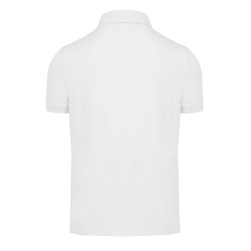 Hvid poloshirt til mnd, lavet af genanvendt polyester og bomuld.