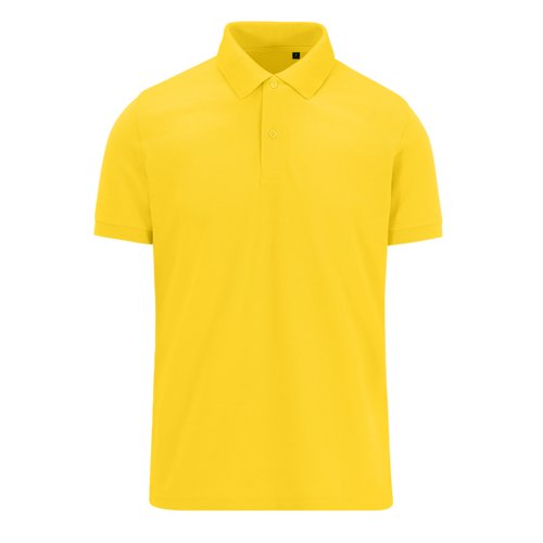 Gul poloshirt lavet af genanvendt polyester og bomuld, med korte rmer.