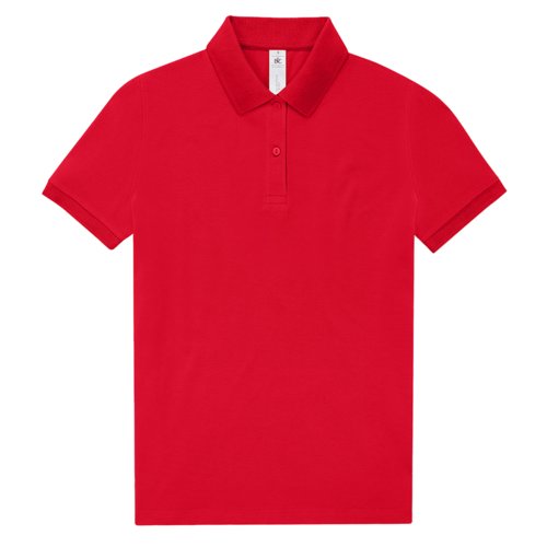 Rd bomulds polo shirt til damer med korte rmer og knaplukning.