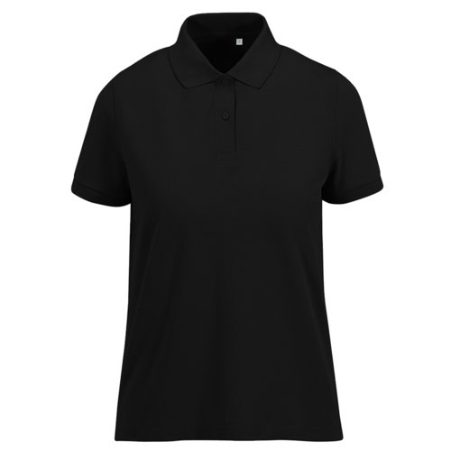Sort poloshirt til damer, lavet af genanvendt polyester og bomuld.