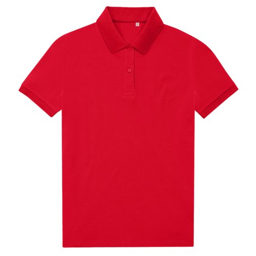 Rd polo shirt fremstillet af genanvendt polyester-bomuldsblanding, damemodel.
