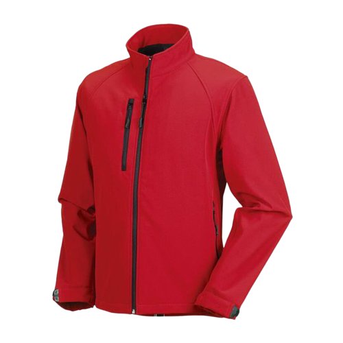 Rd softshelljakke til mnd i polyester og elastan med lynlslommer.