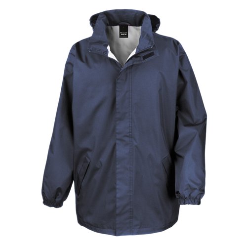 Navy bl polyester regnjakke til mnd med htte.