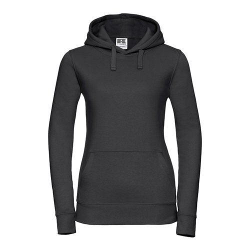 Sort damehttetrje i bomuld og polyester med htte og kngurulomme.