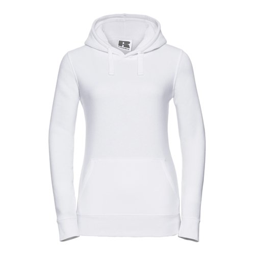 Hvid bomulds-polyester damehttetrje med htte og kngurulomme.