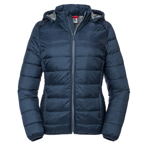 Marinebl quiltet damejakke af polyester med htte.