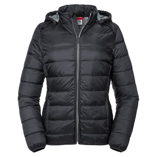 Sort polyester quiltet jakke til damer med htte.