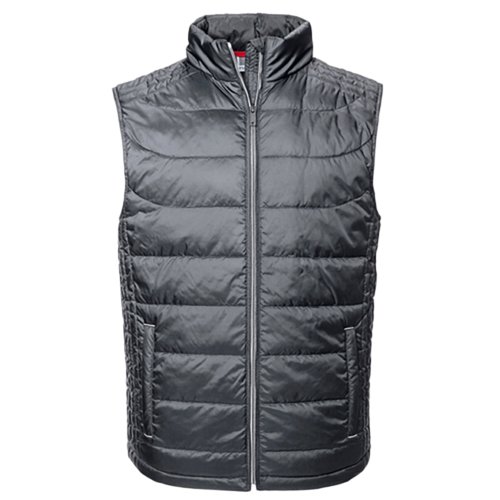 Gr polyester vatteret vest med fuld lynls og lommer.