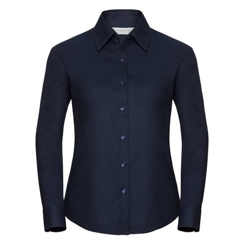Navybl bluse i bomuldsblanding med lange rmer.