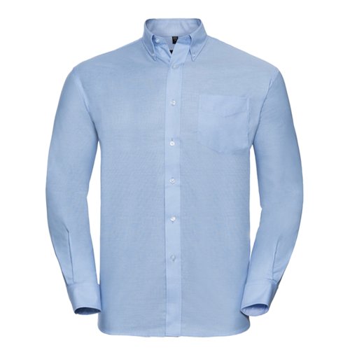 Bl bomulds-polyester skjorte med lange rmer og knaplukning.