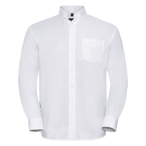 Hvid bomulds-polyester skjorte med lange rmer og knapstolpe.
