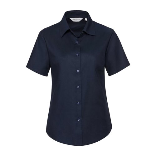 Navy bl bluse i bomuldsblanding med korte rmer.