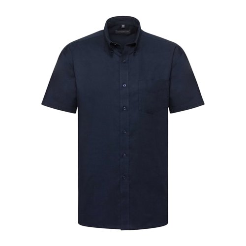 Navy bomuld-polyester kortrmet skjorte med knaplukning og brystlomme.