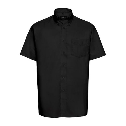 Sort bomuld-polyester skjorte med korte rmer og brystlomme.