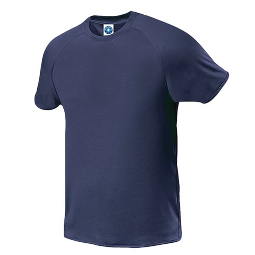 Marinebl polyester T-shirt til mnd med korte rmer.