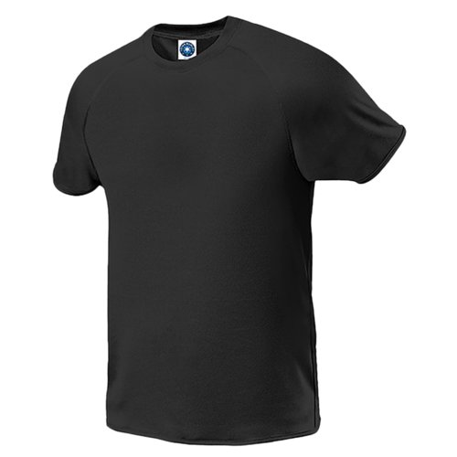 Sort polyester T-shirt til mnd med korte rmer.