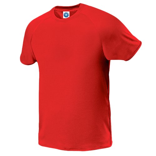 Rd polyester T-shirt med korte rmer.