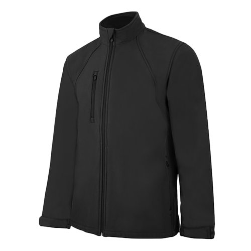 Sort softshelljakke lavet af polyester-elastanblanding med fuld lynls.