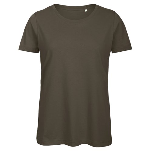 Khaki bomulds-T-shirt til damer med rund hals.