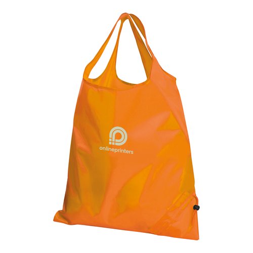 Orangefarvet transformerende taske af letvgtsmateriale med snoretrk.