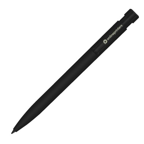 Sort plastik kuglepen med trykmekanisme og soft-touch overflade.