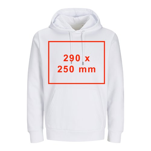 Hvid unisex httetrje i stof med htte og kngurulomme.