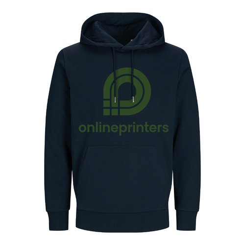 Marinebl unisex httetrje i bomuldsblanding med snre og kngurulomme.