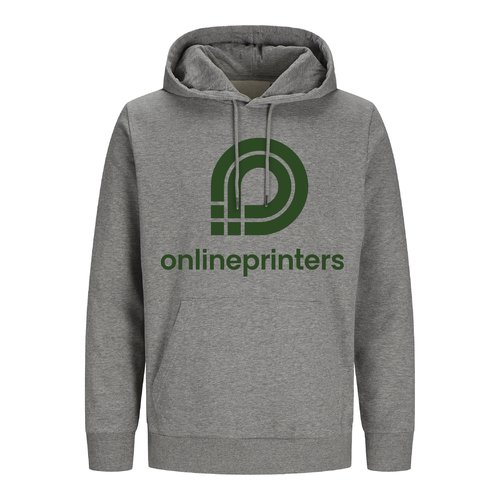 Gr stofhttetrje, unisex-pasform, med htte og kngurulomme.