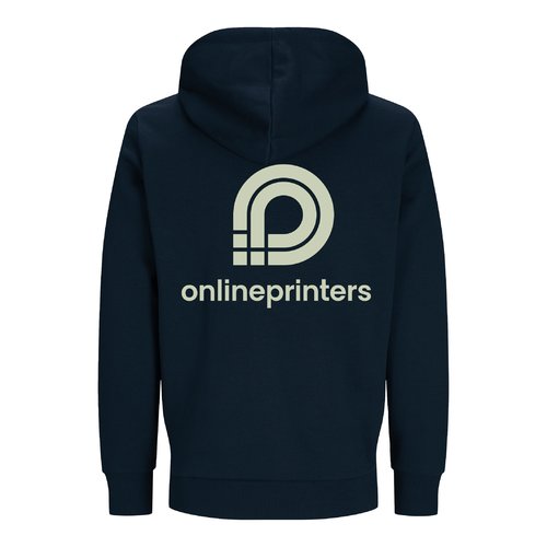 Marinebl unisex sweatshirtjakke i kologisk bomuld og genanvendt polyester med htte.