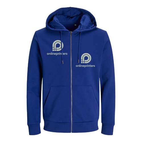 M�rkebl� bomuldsblanding sweatjakke, unisex-pasform med h�tte og fuld lynl�s.