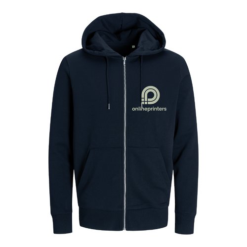 Marinebl httetrjejakke fremstillet af kologisk bomuld og genanvendt polyester med fuld lynls.