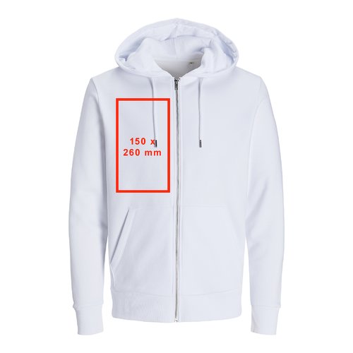 Hvid sweatshirtjakke med hætte, fuld lynlås og kængurulommer.