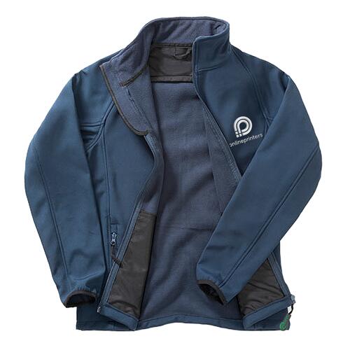Marinebl� polyester softshell jakke til m�nd med fuld lynl�s og sidelommer.