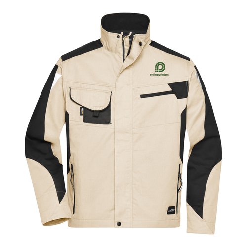 Beige/sort arbejdsjakke i polyester og bomuld med opretstende krave og flere lommer.