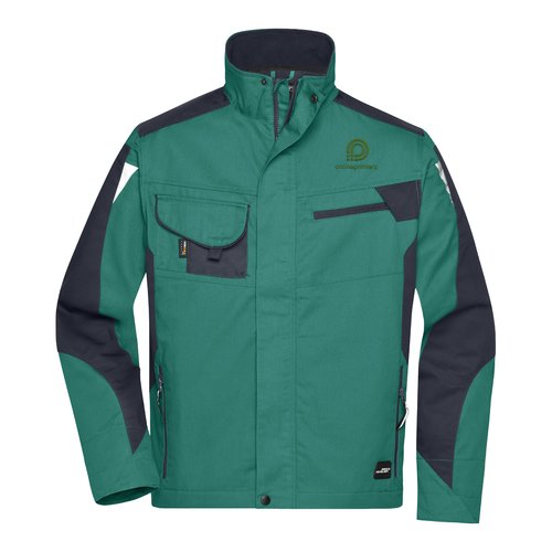 Mrkegrn og sort arbejdsjakke af polyester-bomuldsblanding med flere lommer.