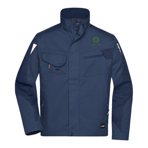 Marinebl arbejdsjakke i polyester-bomuldsblanding med flere lommer.