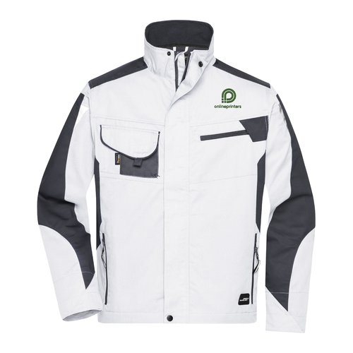 Hvid og gr arbejdsjakke i polyester-bomuld i unisexdesign med lommer.