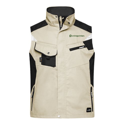 Beige/sort arbejdsvest lavet af polyester-bomuldsblanding med flere lommer.