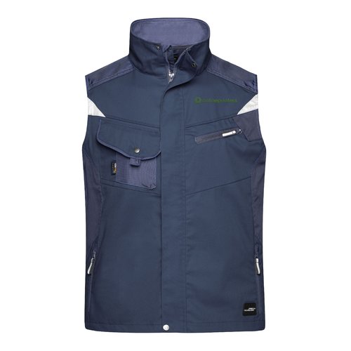 Marinebl arbejdsvest i polyester-bomuldsblanding med fuld lynls og flere lommer.