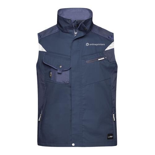 Marinebl� arbejdsvest i polyester-bomuldsblanding med fuld lynl�s og flere lommer.