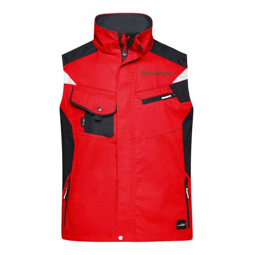 Rd arbejdsvest i polyester-bomuldsblanding med flere lommer.