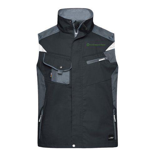 Sort og gr arbejdsvest i polyester-bomuld med flere lommer.