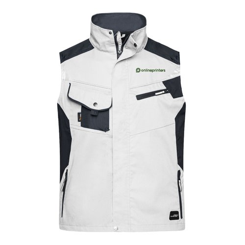 Hvid og gr arbejds vest i polyester-bomuld med lommer.
